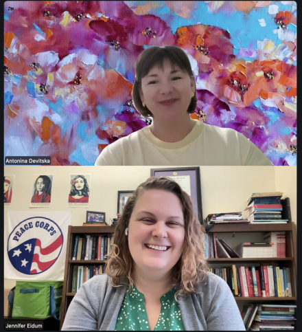 Jennifer Eidum and Antonina Devitska meeting on Zoom. 